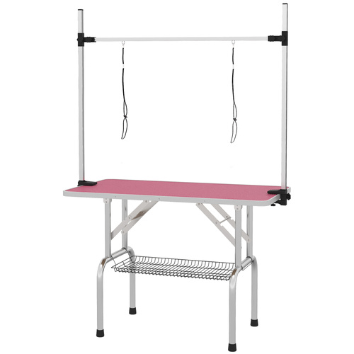 PawHut 42" Dog Grooming Table, Adjustable Pet Cat Drying Beauty Table with 2 Loops Storage Basket, Rubber Top, Pink