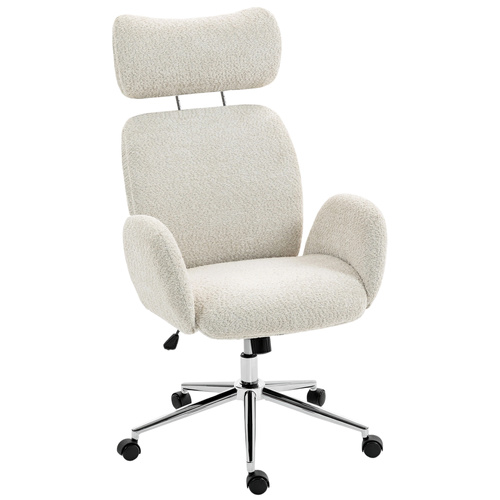 HOMCOM Office Chair with Adjustable Headrest, Spring Pack, Curved Line, Boucle Fabric - Pale Grey