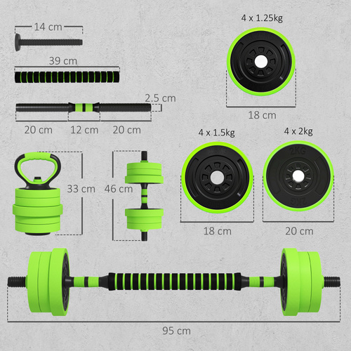 SPORTNOW 20kg 6-In-One Adjustable Weight Dumbbells Set, Barbell, Kettlebell, Push Up Stand - Green