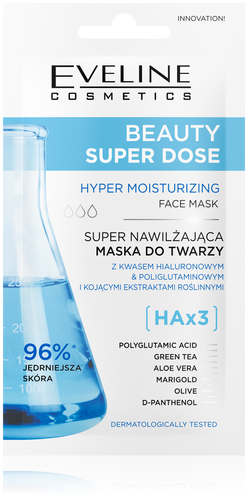 Eveline Beauty Super Dose Nawilżająca Maska do Twarzy z Kwasem Hialuronowym dla Skóry Suchej i Odwodnionej 8ml