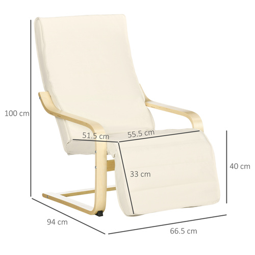 HOMCOM Wooden Armchair, Upholstered Linen Lounge Chair with Adjustable Footrest & Removable Cushion, Poang Chair for Living Room, Cream White