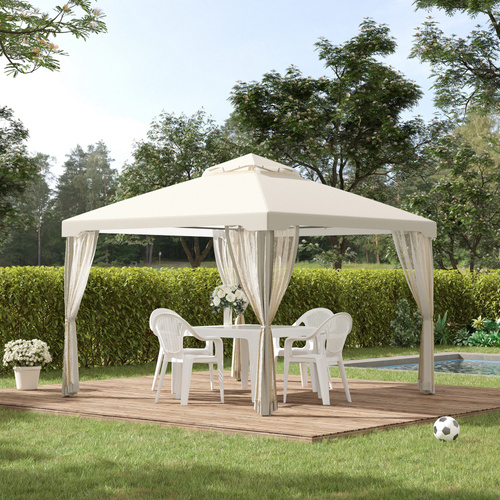 Outsunny 3 x 3 m Metal Gazebo, Garden Pavillion, Double Roof Outdoor Canopy Shelter with Mesh Sidewalls, Cream White