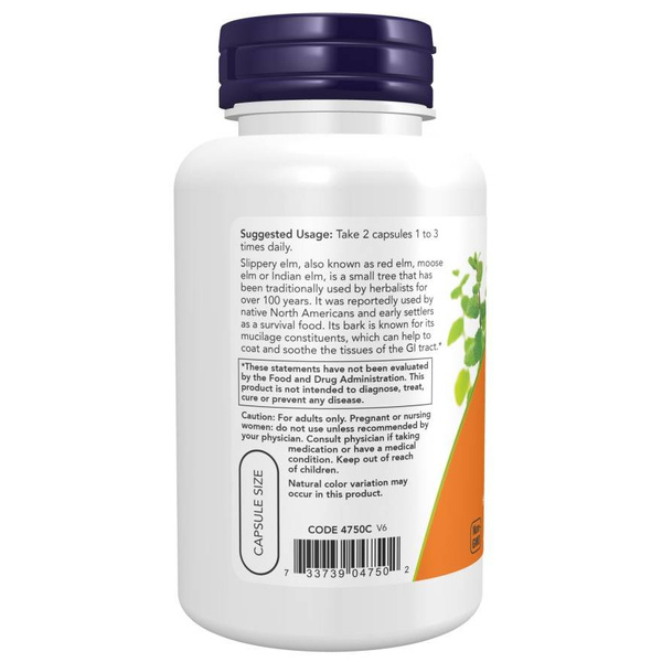 Now Foods Slippery Elm 400mg Powder Wiąz Czerwony Wspiera Układ Pokarmowy 100 Vcapsules