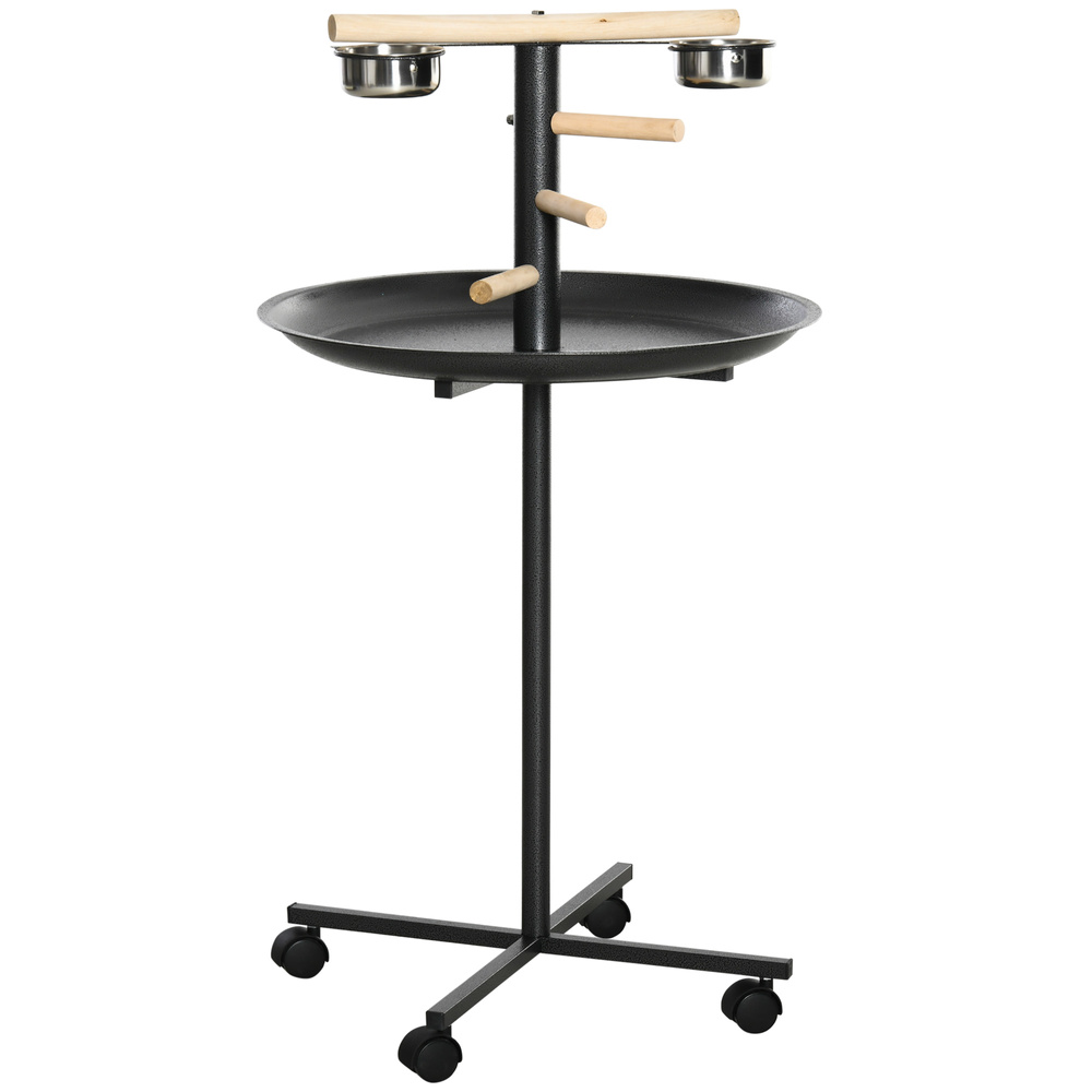 PawHut Parrot Perch Stand, Large Bird Play Stand, Metal Bird Table Feeder Station with Stainless Steel Bowls, Four Wheels, Round Tray, Black