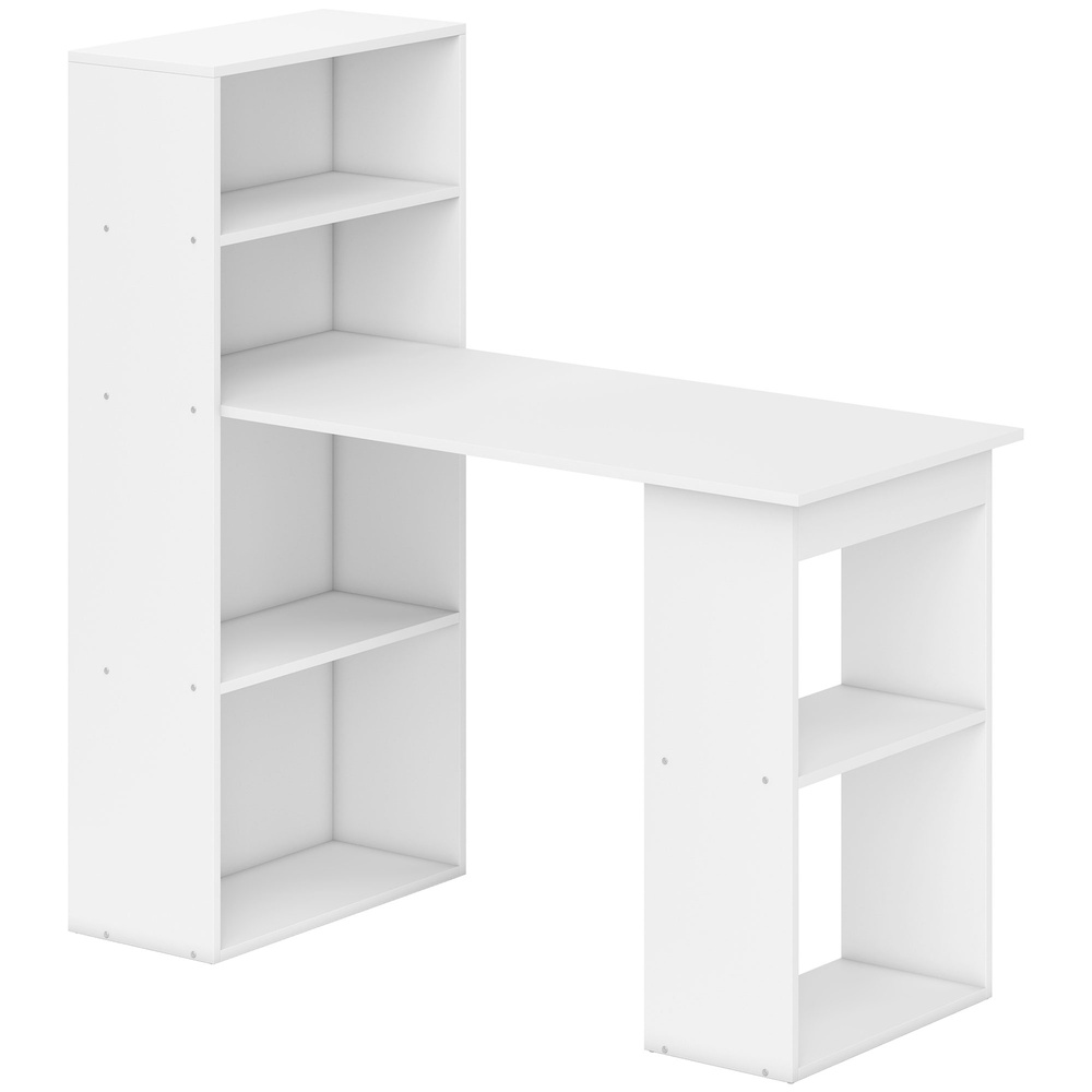 HOMCOM 120cm Computer Desk, Wooden PC Laptop Table with 6-Tier Storage Bookshelves, Home Office Working Study Desk, Writing Workstation, White