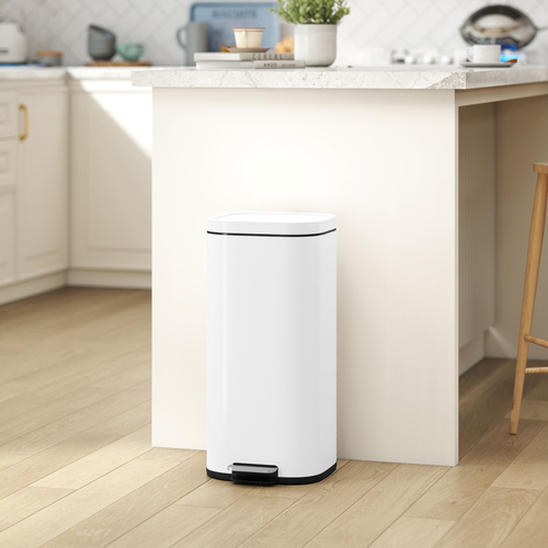 HOMCOM 30L Kitchen Bin, Compact Pedal Bin with Soft-Close and Stay-Open Lid, Removable Bucket for Kitchen, Home, Office, White