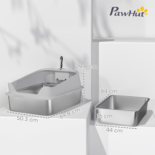 PawHut XXL Stainless Steel Cat Litter Box with High Sides, Metal Scoop, 70 x 50 x 30 cm