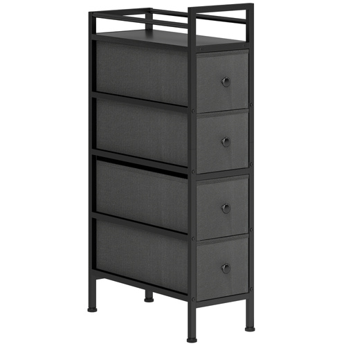 HOMCOM 4 Drawer Fabric Dresser Chest of Drawers, Slim Storage Cabinet with Steel Frame for Small Spaces, Bedroom, Black