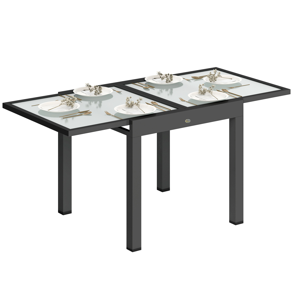 Outsunny Extending Garden Table, Outdoor Dining Table with Aluminium Frame and Tempered Glass Tabletop, 80/160 x 80 x 75 cm, Black and Clear