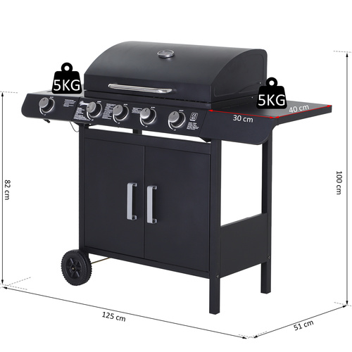 Outsunny 4+1 Burner Gas BBQ Grill, Outdoor Barbecue Trolley with Wheels, Warming Rack, Side Shelves, Cabinet, Thermometer for Garden, Party, Camping, 125 L x 51 W x 100 H cm, Black
