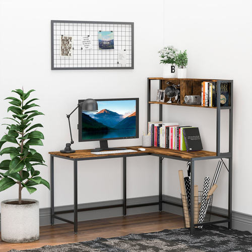 HOMCOM L Shaped Desk with Book Shelf, Industrial Corner Computer Desk, Writing Table with Steel Frame for Home Office, Bedroom, Study Room, 140 x 125cm, Brown