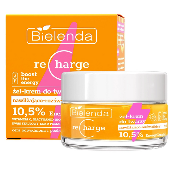Bielenda Recharge Boost the Energy Nawilżająco Rozświetlający Żel - Krem do Twarzy 4w1 dla Skóry Odwodnionej i Pozbawionej Blasku na Dzień i na Noc 50ml