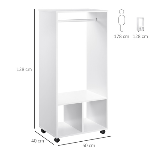 HOMCOM Open Wardrobe on Wheels, Bedroom Wardrobe with Clothes Hanging Rail, 2 Storage Shelves, Mobile Garment Rack for Cloakroom, Hallway, White