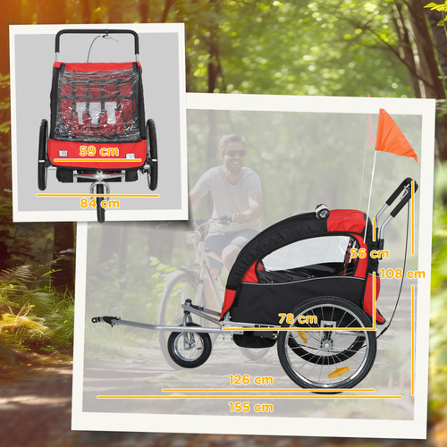 HOMCOM 2 Seat Bike Trailer with 5 Point Harness, Baby Bike Stroller with Safety Flag, Reflectors, for 18+ Months, Red