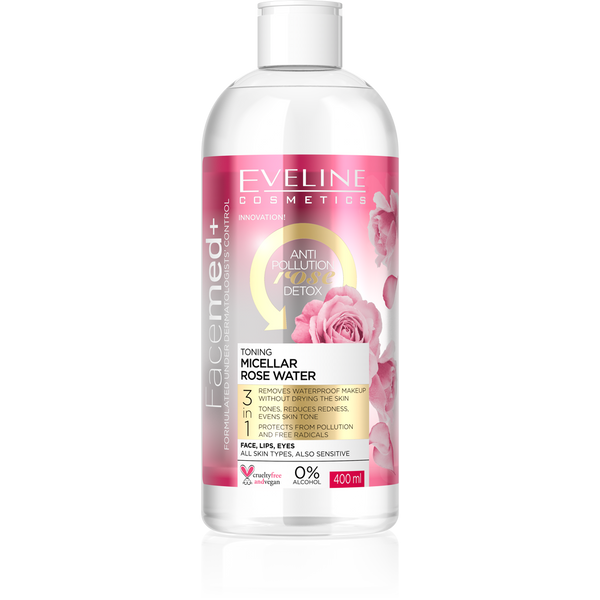 Eveline Facemed Tonning Micellar Rose Water Face  Detox Waterproof Makeup 400ML