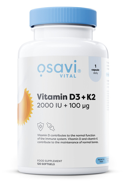 Osavi Vitamin D3 + K2, 2000IU + 100mcg - 120 softgels for bones and immunity