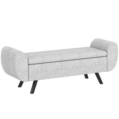 HOMCOM Storage Ottoman with Armrest, Upholstered Linen Storage Bench, Window Seat with Rubberwood Legs, Footstool for Bedroom Living Room, Hallway, Light Grey