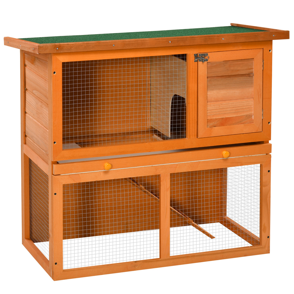 PawHut Two-Tier Rabbit Hutch, Wooden Outdoor Pet Cage, with Opening Top