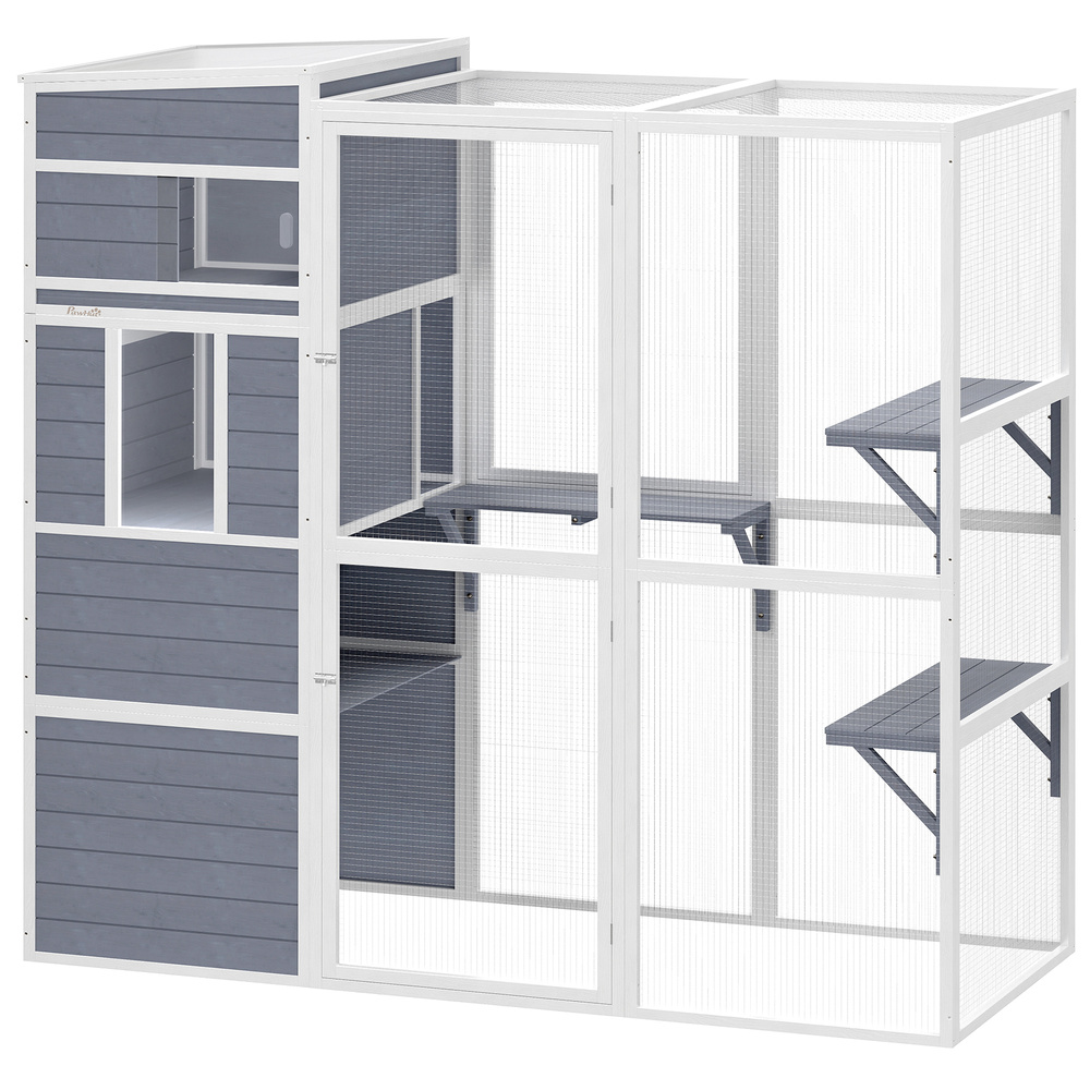 PawHut 4-Tier Wooden Catio Cat Outdoor Enclosure with Sun Roof, Resting Rooms, 3 Platforms, Window Outdoor Indoor, Grey