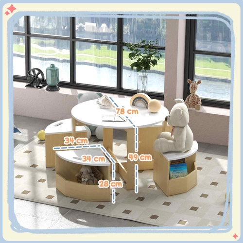 AIYAPLAY Five-Piece Kids Table and Chairs Set with Storage, for Ages 3-8 Years, White