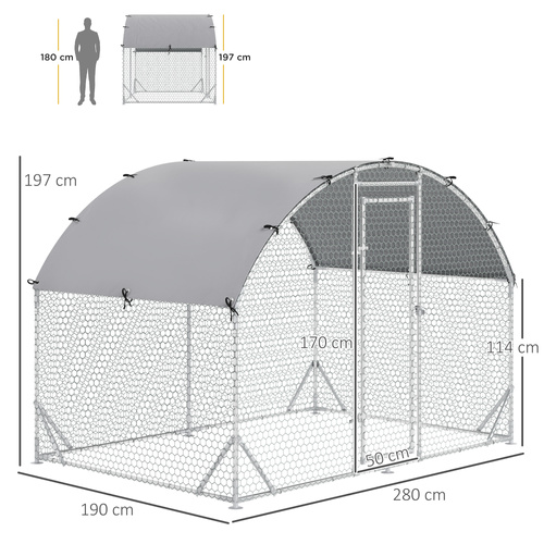 PawHut Walk In Chicken Run Galvanised Chicken Coop Hen Poultry House Cage Pet Playpen Garden with Water-Resist Cover, 2.8 x 1.9 x 2m