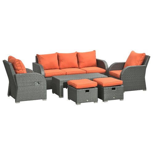 Outsunny Six-piece Outdoor Rattan Dining Set, Outdoor Sofa Set with Reclining Armchairs and Mental Frame, Orange