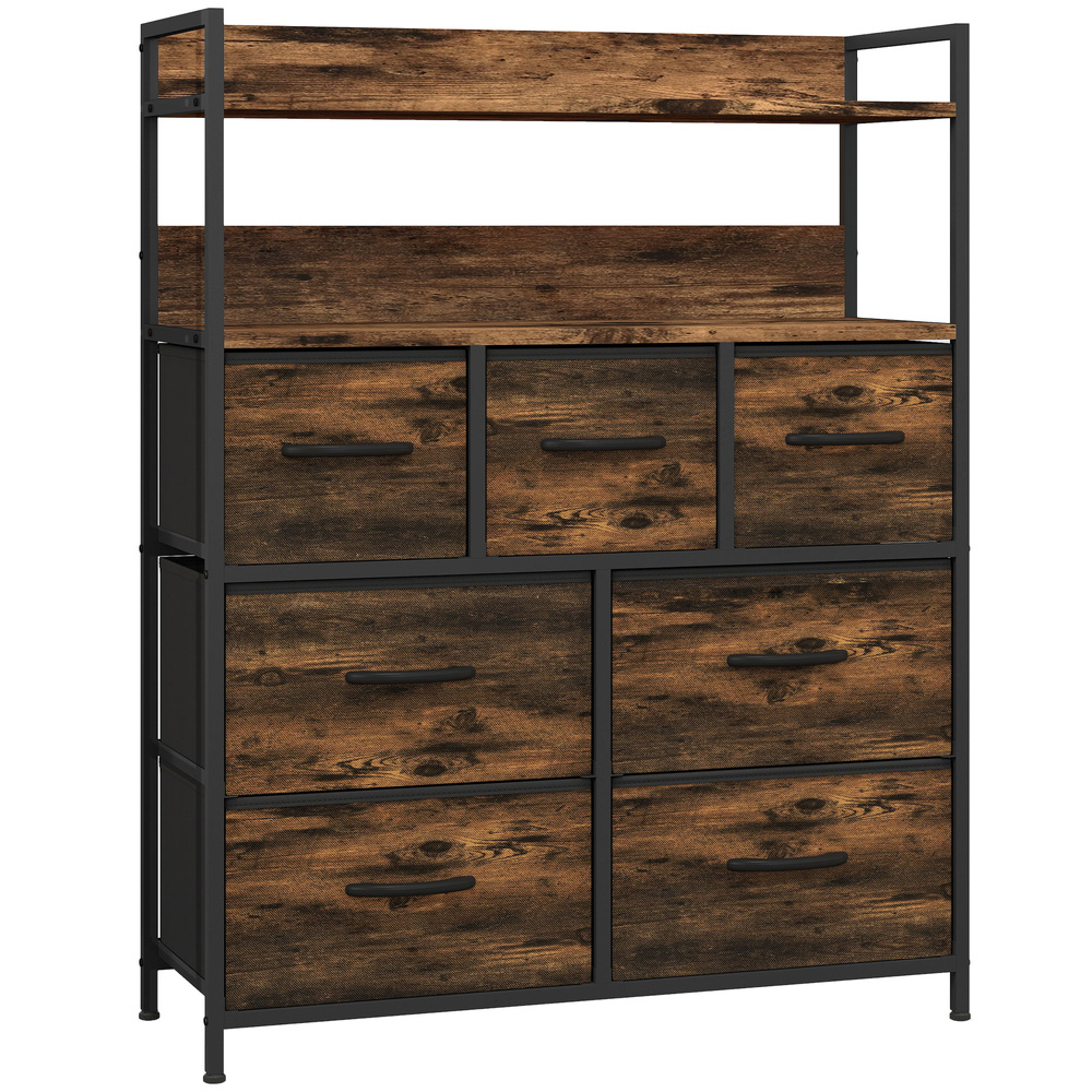 HOMCOM Rustic Chest of Seven Fabric Drawers - Rustic Brown