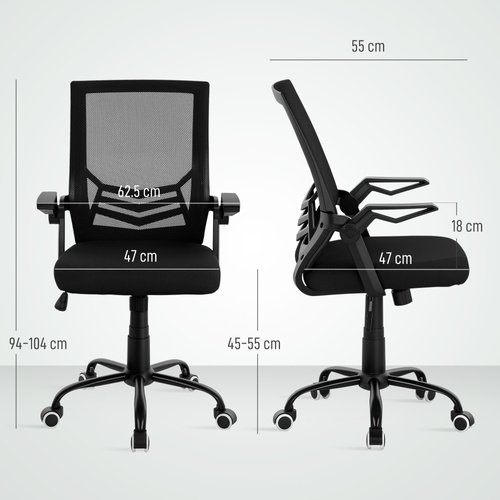 Vinsetto Mesh Office Chair, Computer Desk Chair with Flip-up Armrests, Lumbar Back Support and Swivel Wheels, Black