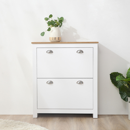 HOMCOM 2 Drawer Shoe Cabinet Modern Narrow Shoe Cupboard Hallway Wooden Storage Organiser with Flip Doors Adjustable Shelf for 6-12 Pairs, White