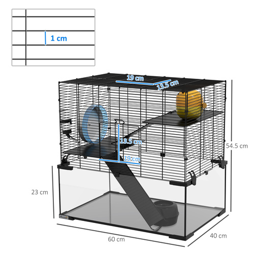 PawHut 3 Tiers Hamster Cage, Gerbil Cage with Deep Glass Bottom, Non-Slip Ramps, Platforms, Hut, Exercise Wheels, Water Bottle, Dish, for Syrian Hamster, Dwarf Hamster, 60 x 40 x 54.5cm