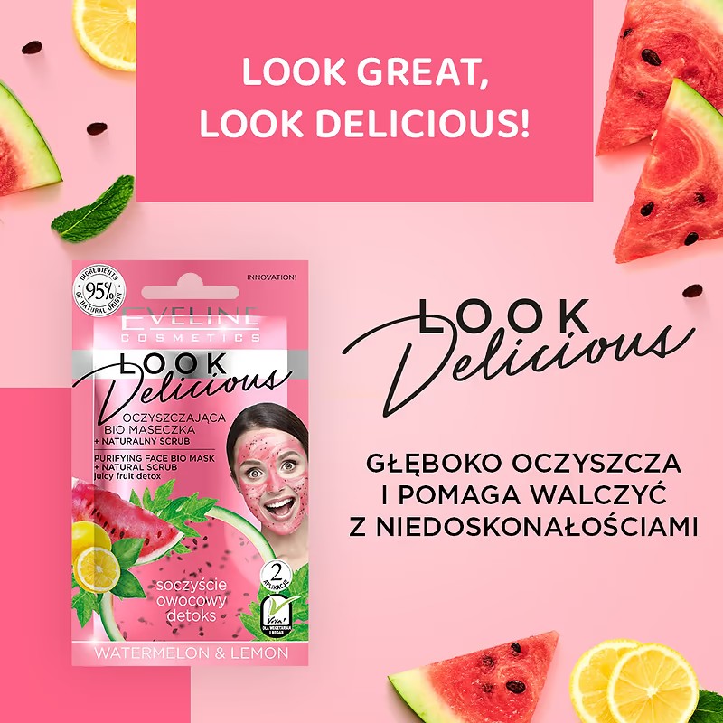 Eveline Look Delicious Oczyszczająca Bio Maseczka Naturalny Scrub z Arbuzem i Cytryną 10ml
