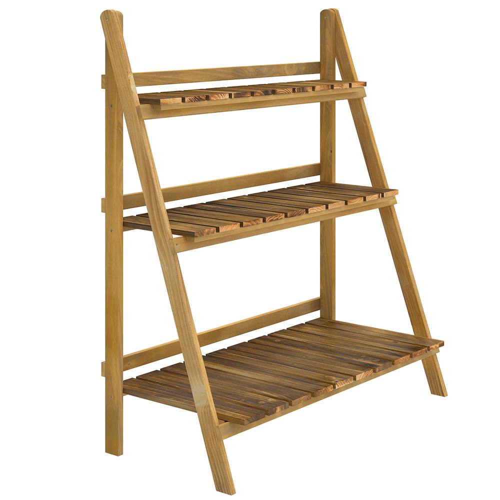 Outsunny Wooden Folding Flower Pot Stand 3 Tier Garden Planter Display Ladder Gardener Storage Shelves Rack Herb Holder (80L x 37W x 93H cm)