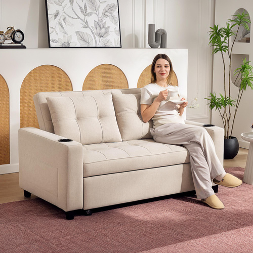 HOMCOM Two-Seater Pull-Out Sofa Bed - Beige