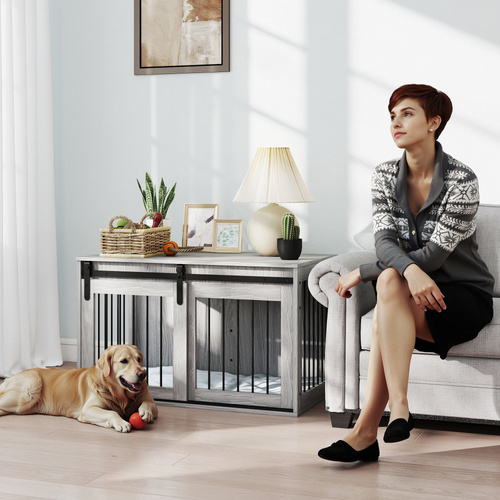 PawHut 98cm Dog Crate Furniture with Removable Cushion for Large Dogs - Grey