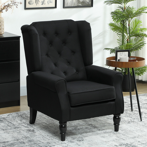 HOMCOM Retro Accent Chair, Linen Wingback Armchair with Wood Frame Button Tufted Design for Living Room Bedroom, Black