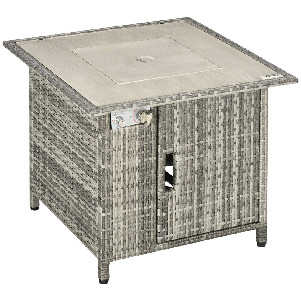 Outsunny 14.5 KW Rattan Gas Fire Pit Dining Table with Rain Cover, Wind Guard, Lid, Lava Rocks, Grey