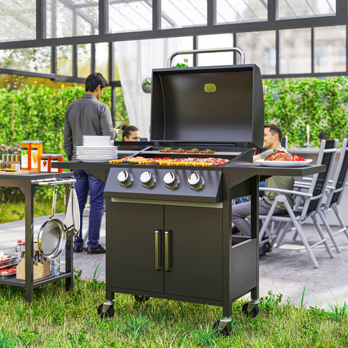 Outsunny 4 Burner Gas BBQ Grill Outdoor Portable Barbecue Trolley w/ Warming Rack, Side Shelves, Storage Cabinet, Thermometer