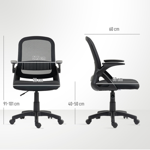 HOMCOM Breathable Mesh Office Chair, Ergonomic Swivel Computer Chair with Flip-up Armrests, Lumbar Back Support for Home/Office, Black