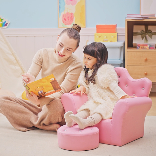HOMCOM Children Kids Sofa Set Armchair Chair Seat with Free Footstool PU Leather for Girls 58L x 40.5W x 49H cm Pink