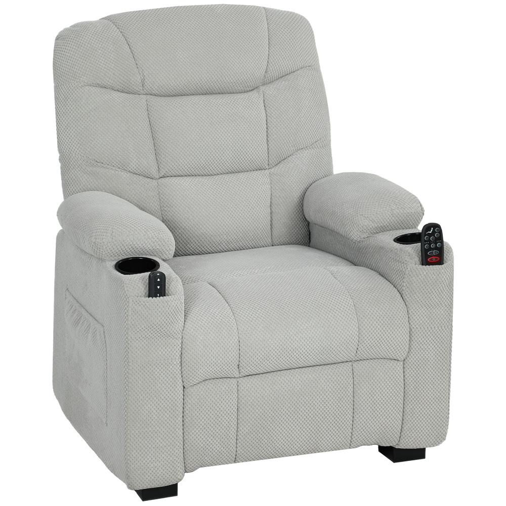 HOMCOM Electric Massage Recliner Armchair with Vibration, Heat, Whisper-Quiet Motor, Memory Function, Fleece Power Reclining Chair with Spring Pack, USB Port, Footrest, Side Pocket, Cup Holders, Grey