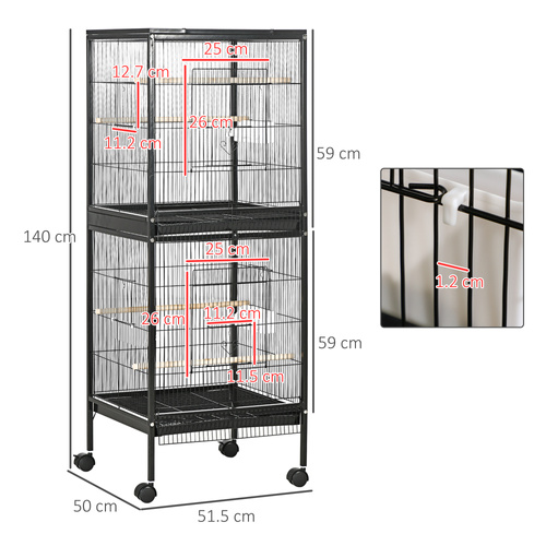 PawHut Bird Cage Budgie Cage 2 In 1 Large Aviary with Wheels Removable Trays for Finch Canaries Cockatiels Black