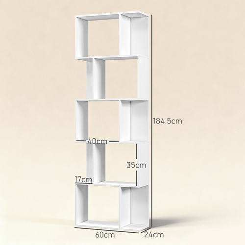 HOMCOM Bookcase, S-Shaped Wooden Bookshelf, 5 Tiers Freestanding Storage Shelf, Home Office Display Stand Rack, White