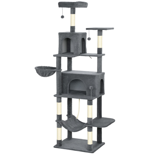 PawHut 202cm Large Cat Tree with 6 Scratching Posts, 2 Hammocks, 2 Condos, 2 Perches, Pompoms, for Indoor Cats to Rest and Play