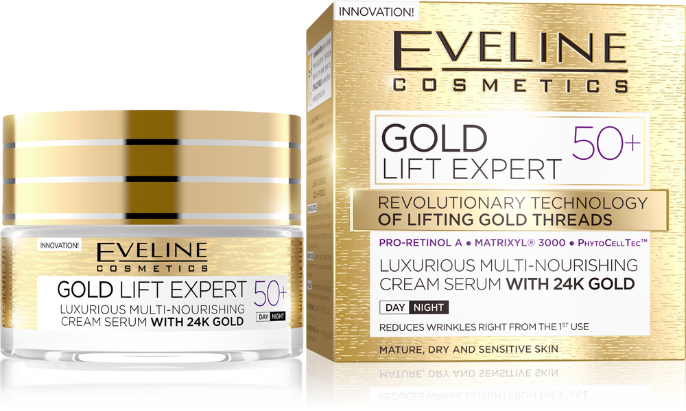 Eveline Gold Lift Expert Luksusowy Multi-Odżywczy Krem-Serum z 24k Złotem 50+ na Dzień i na Noc 50ml