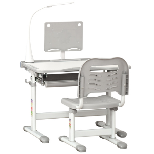 HOMCOM Kids Study Desk and Chair Set w/ Adjustable Height, Storage, Drawer, Grey