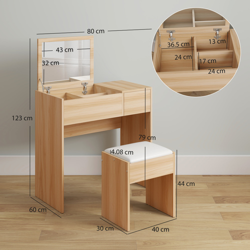 HOMCOM Dressing Table with Flip-Up Mirror and Cushioned Stool, Makeup Vanity Desk with Hidden Compartments and Storage Drawer, Convertible Writing Table for Bedroom, Natural