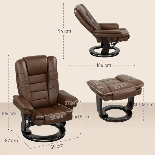 HOMCOM Faux Leather 135° Reclining Chair and Footstool - Brown