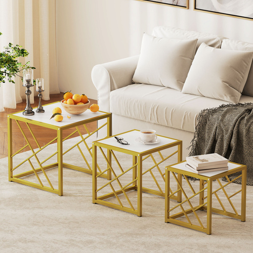 HOMCOM Nesting Coffee Tables, Set of 3 Square Side Tables with Black Metal Frame, for Living Room, Bedroom and Office, White