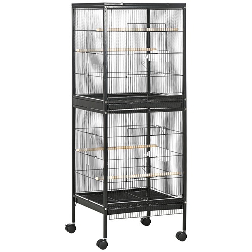 PawHut Bird Cage Budgie Cage 2 In 1 Large Aviary with Wheels Removable Trays for Finch Canaries Cockatiels Black