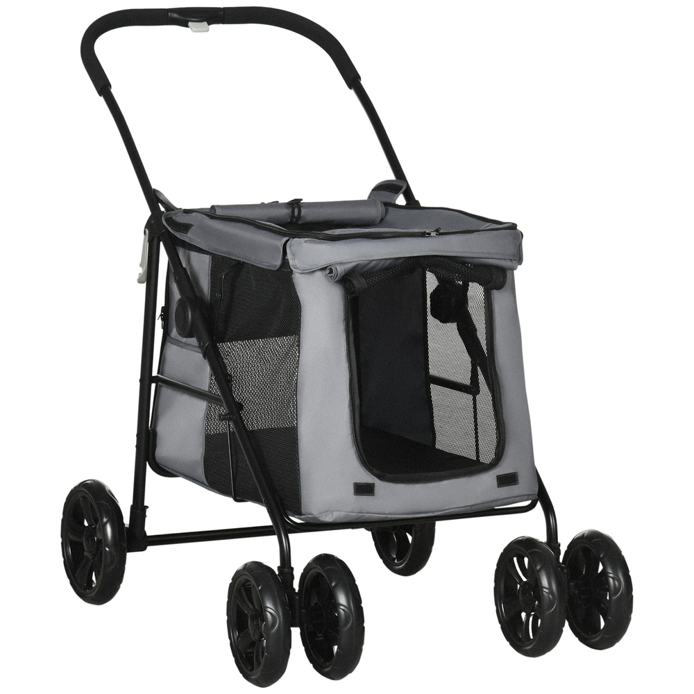 PawHut Dog Pram Dog Stroller 4 Wheels Pet Pushchair with Rolling Door, Cushion, Safety Leashes, for Small and Medium Breeds, Grey